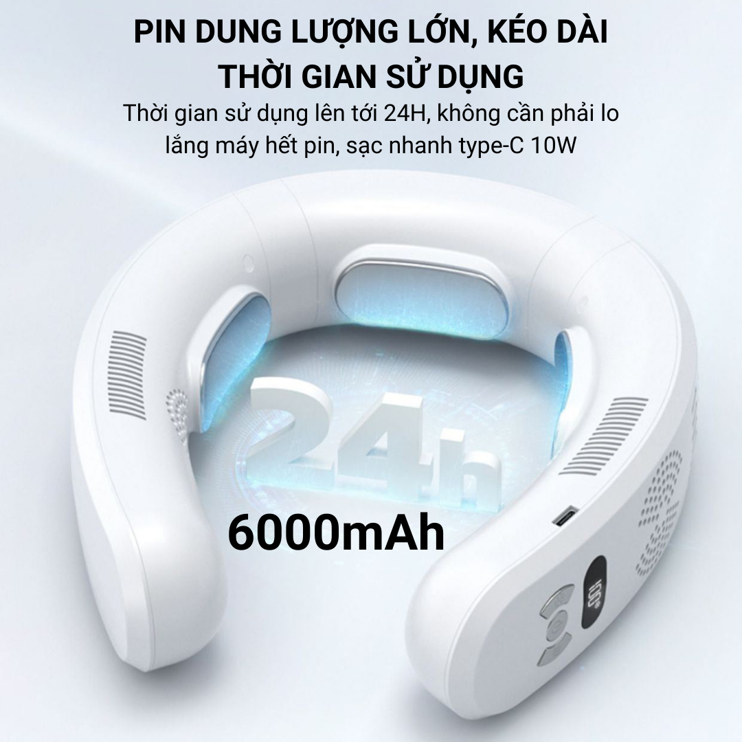 Quạt Đeo Cổ Mini TC06, Quạt Treo Cổ, Quạt Tích Điện Đeo Cổ Không Cánh Thông Minh Chườm Nóng Lạnh Cao Cấp Pin Sạc 6000mAh