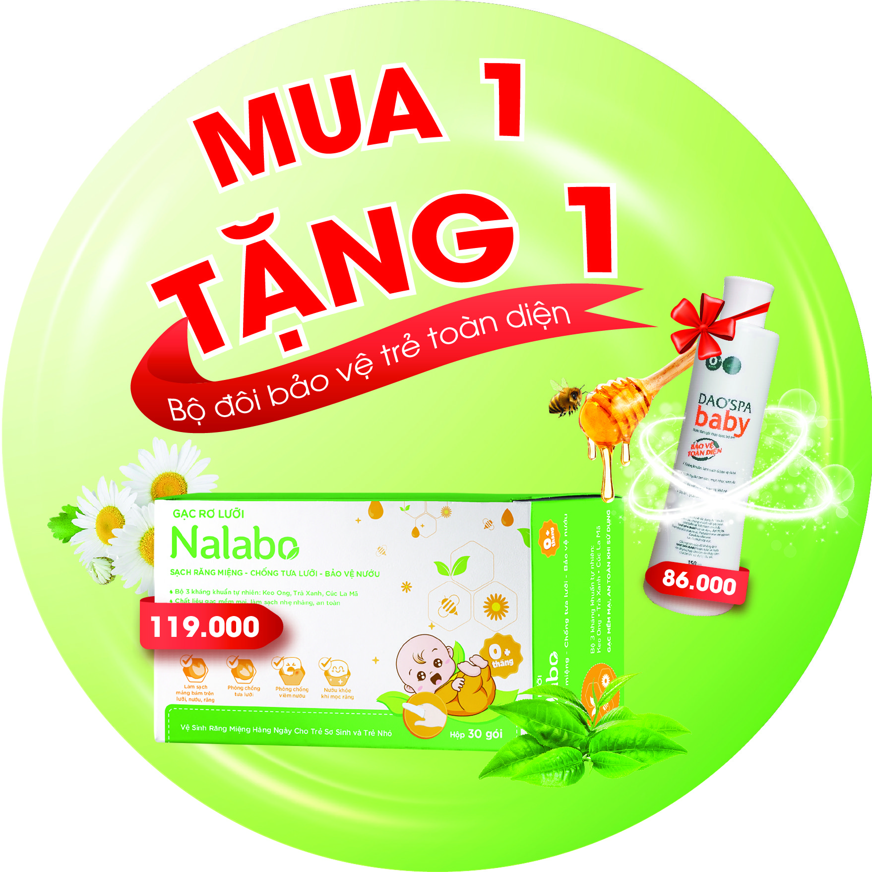 Gạc rơ lưỡi Nalabo - tặng 1 chai Nước tắm gội thảo dược Dao'spa Baby (150ml)