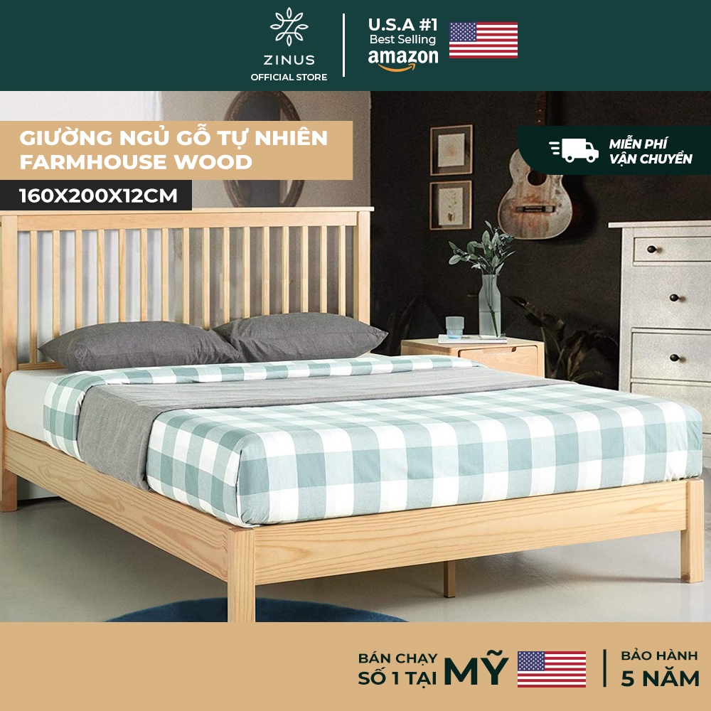 Giường Ngủ Zinus Gỗ Tự Nhiên Cao Cấp Và Sang Trọng Farmhouse Wood Platform Bed