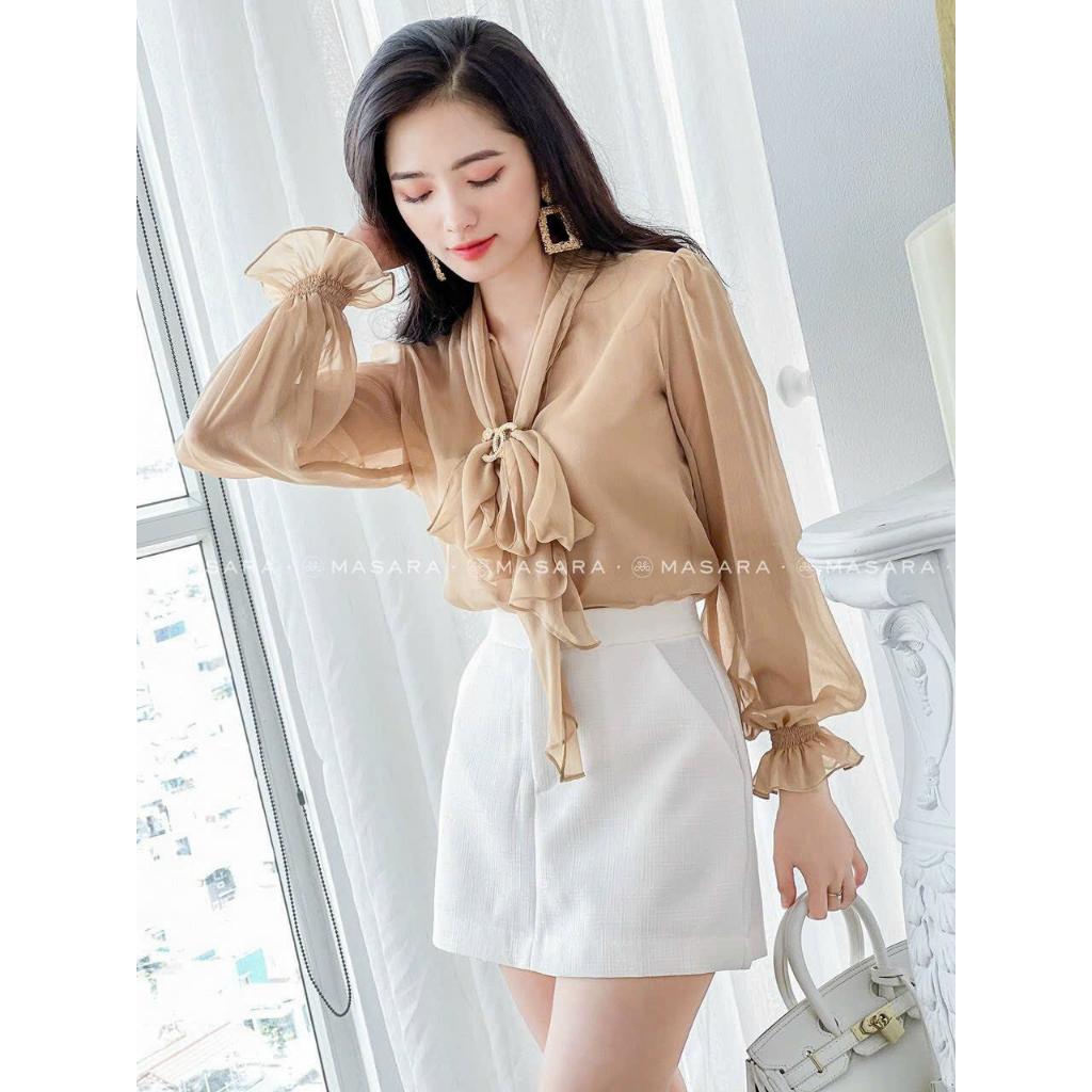 Sét đố nữ áo sơ mi voan tay bèo cột nơ mix chân váy mini trắng