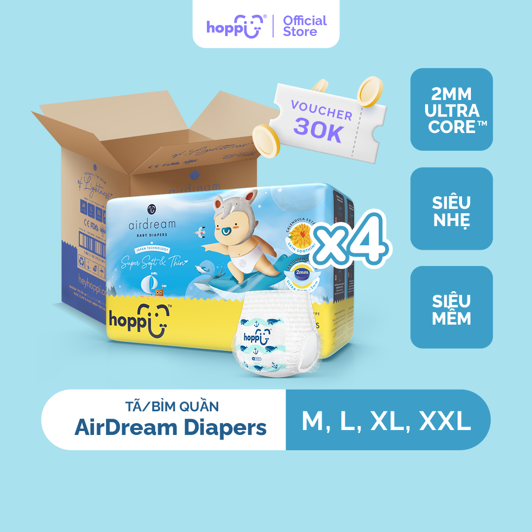Thùng 4 Gói Tã / bỉm quần Hoppi AirDream Diaper số lượng M 176 / L 152 / XL 128 / XXL 112 miếng