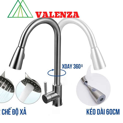 Vòi rửa chén bát dây rút cao cấp inox 304 VALENZA - Vòi nóng lạnh inox 304 dùng cho mọi bồn rửa chén bát nhà bếp, dây rút tiện dụng, 2 chế độ nước - Hàng chính hãng