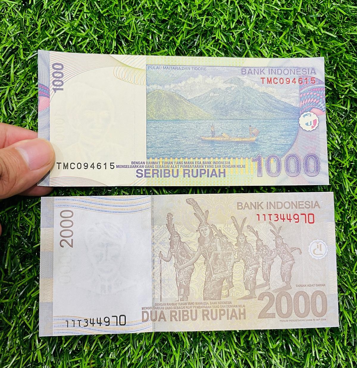 Combo 2 tờ tiền Indonesia 1000 2000 Rupiah xưa, tiền cổ Đông Nam Á, mới 100% UNC, tặng phơi nilon bảo quản