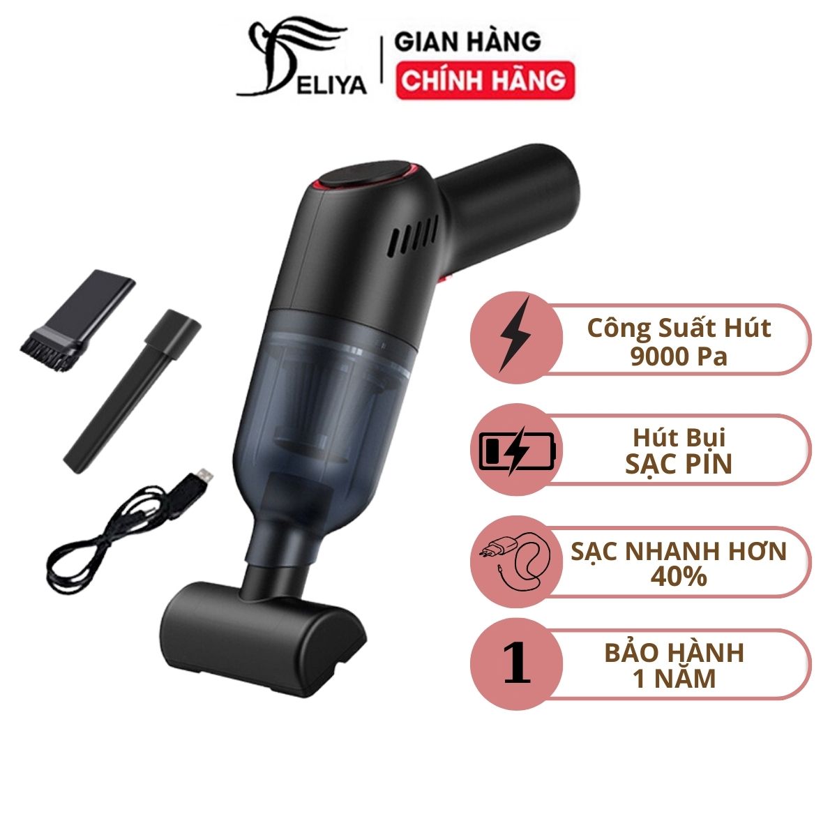 Máy Hút Bụi Cầm Tay Mini Không Dây Hàng Chính Hãng Deliya , Hút Bụi Giường, Ô Tô Lực Hút 9000Pa Hút Liên Tục 30Phút - Dạng Súng - Đen