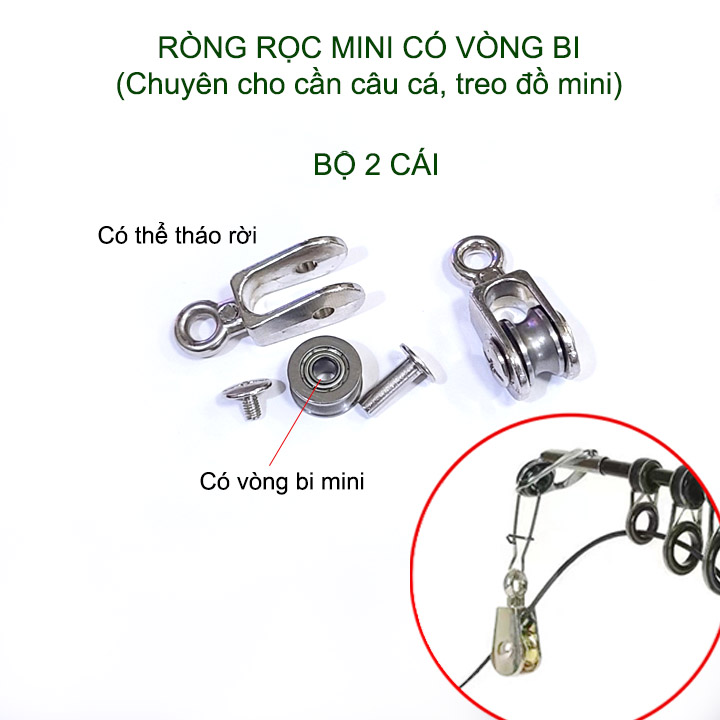 Bộ 2 ròng rọc mini cho cần câu cá, treo đồ đa, có vòng bi, bằng hợp kim và thép
