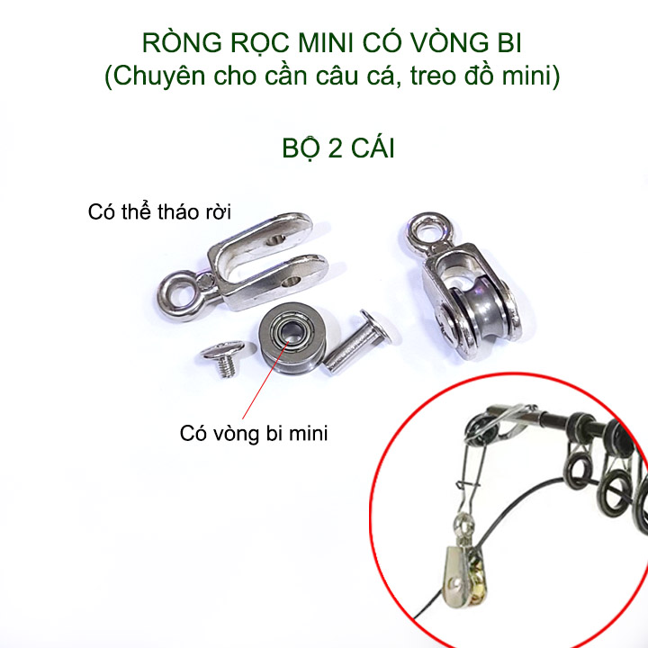 Combo 2 ròng rọc mini gắn cần câu cá, kéo đồ đa năng, loại có vòng bi, bằng kim loại