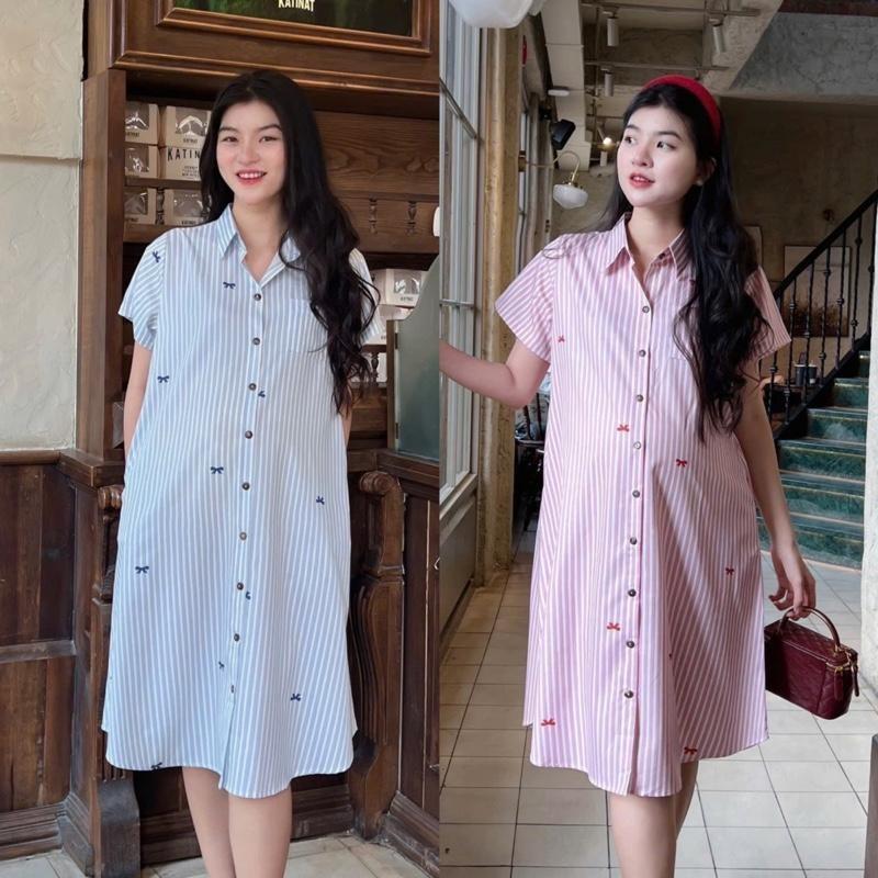 Đầm Bầu Form Dáng Sơ Mi Sọc Xinh Chất Cotton Lụa Mềm Mát, Váy Bầu Cá Tính Size M L - Hồng