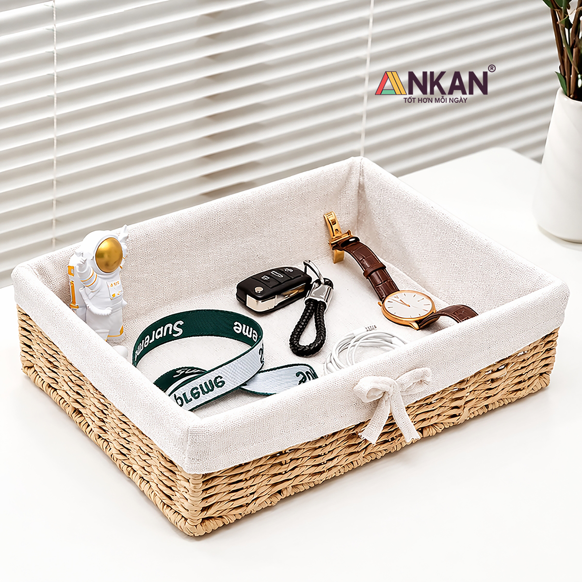 Khay Đựng Bánh Kẹo Hoa Quả Sang Trọng Chữ Nhật Lót Vải Nơ Đa Năng