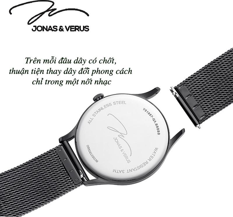 Đồng hồ đeo tay Nam hiệu JONAS & VERUS Y01646-Q3.BBXBB, Máy Pin , Kính Sapphire, Dây Lưới thép không gỉ 316L