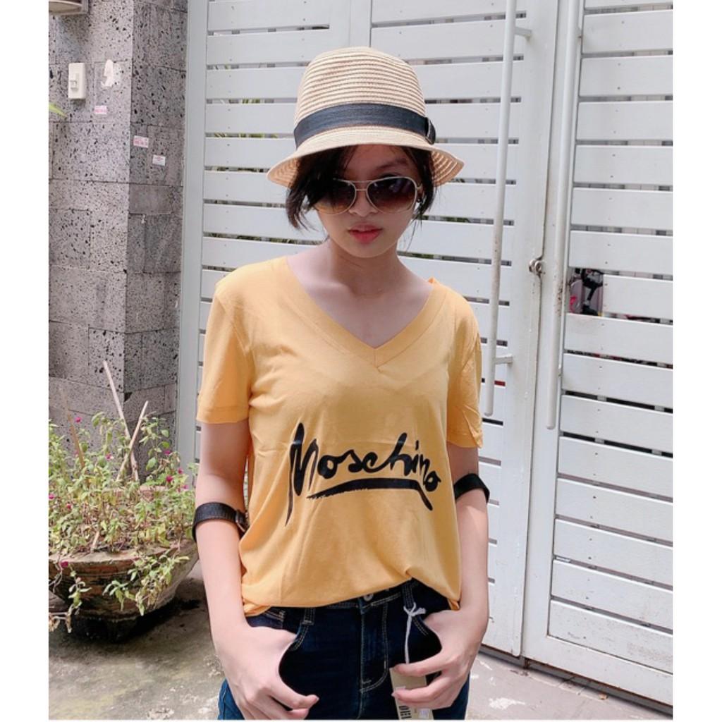 Áo Thun Cotton Nữ Cổ Tim Chữ V Xuông Phông Rộng Có Hình In_Áo Pull Thun Lạnh Mềm Mịn In Chữ Siêu Rẻ Phong Cách Dạo Phố