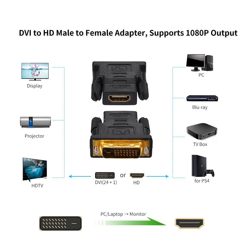 DVI-D to HD Adapter 1080P Gold Plated DVI DVI-D 24+1 Pin Male to HD Female Converter Replacement for PS4 PC HDTV