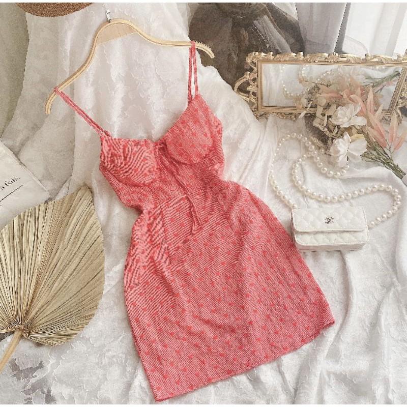 Đầm hoạ tiết tim hai dây cột nơ vai