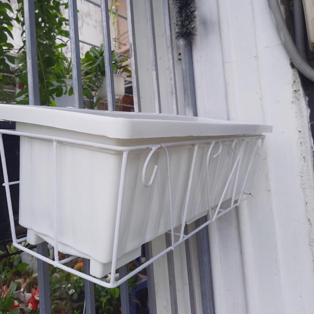 Combo 5 bộ khung sắt - chậu chữ nhật 65*25*20cm trồng hoa, rau treo lan can tiết kiệm không gian