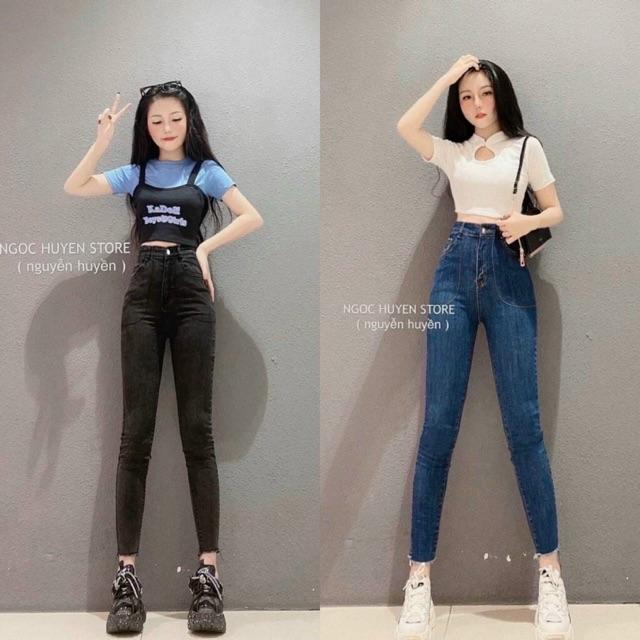 Quần jeans ôm body lưng siêu cao nút kiểu , quần jeNs nữ quần bò nữ lưng cao có túi