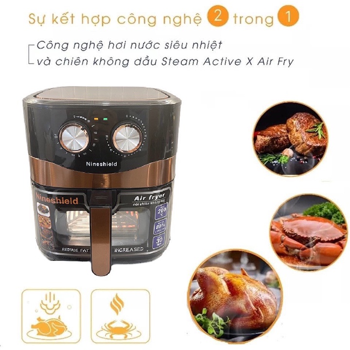 Nồi Chiên Không Dầu NineShiled Dung Tích 10.5L, Mặt Kính Trong Suốt - Model KB8002 - Hàng Chính Hãng