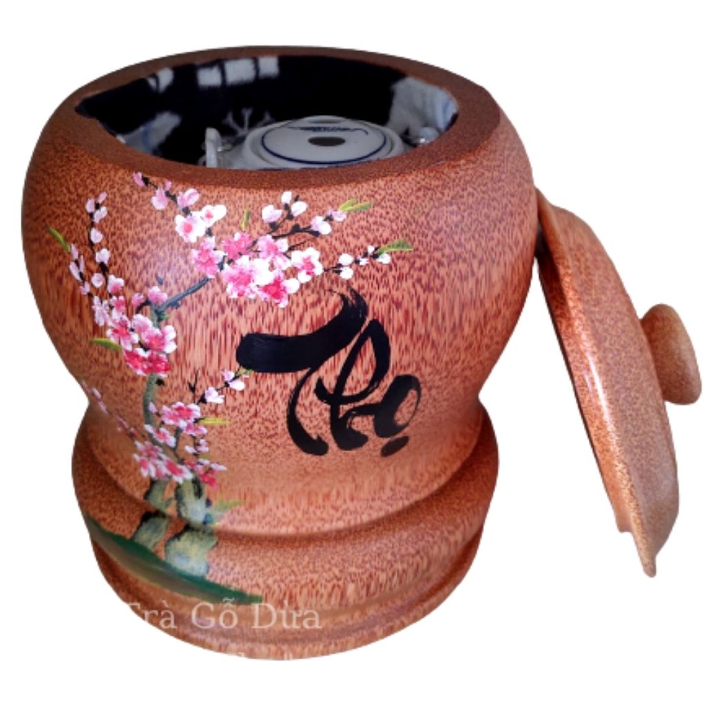 Bình Trà Gỗ Dừa Hoa Văn Lồng Chữ Thọ Và Bình Trà 700 - 950ml - Sản Phẩm Được Sản Xuất Tại Bến Tre