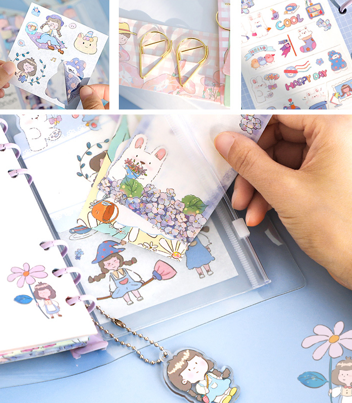 Set hộp quà tặng dễ thương kèm sổ tay sticker, washi, giấy note và móc khoá xinh