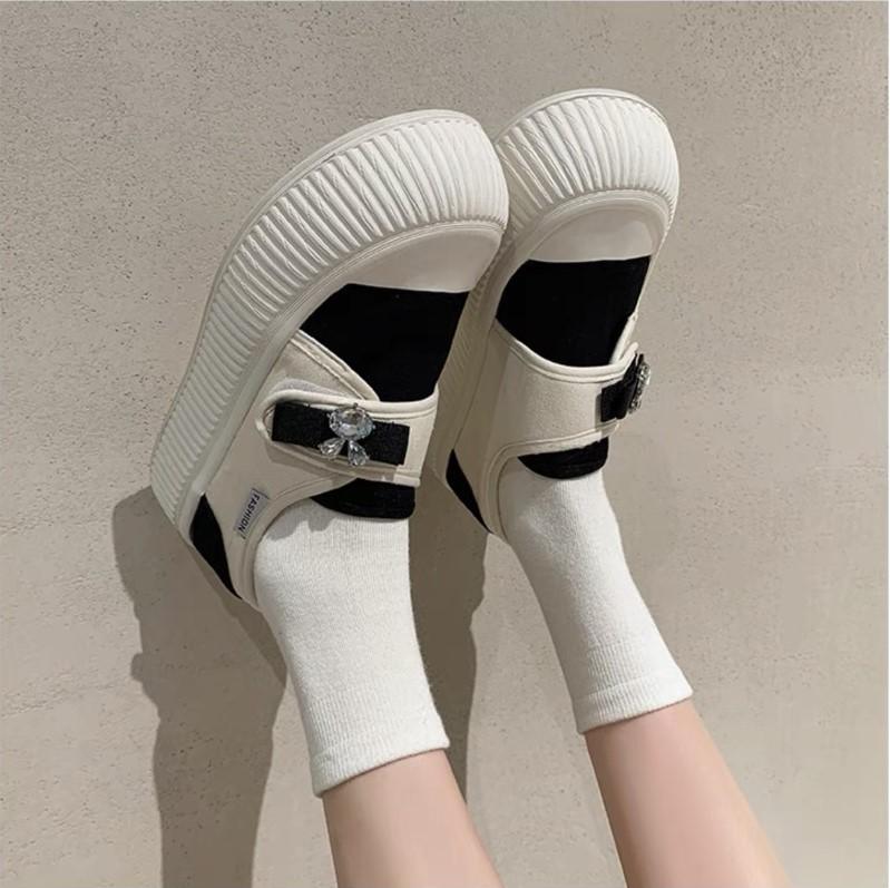 Giày thể thao nữ quai dán đính đá tai thỏ, giày sneaker chất vải canvas đế vân cao 4cm