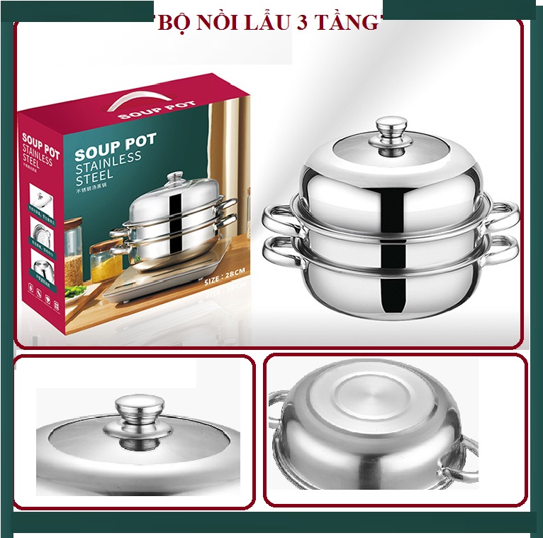 Bộ nồi lẩu cao cấp 2 tầng, 3 tầng kiêm nồi hấp inox cao cấp