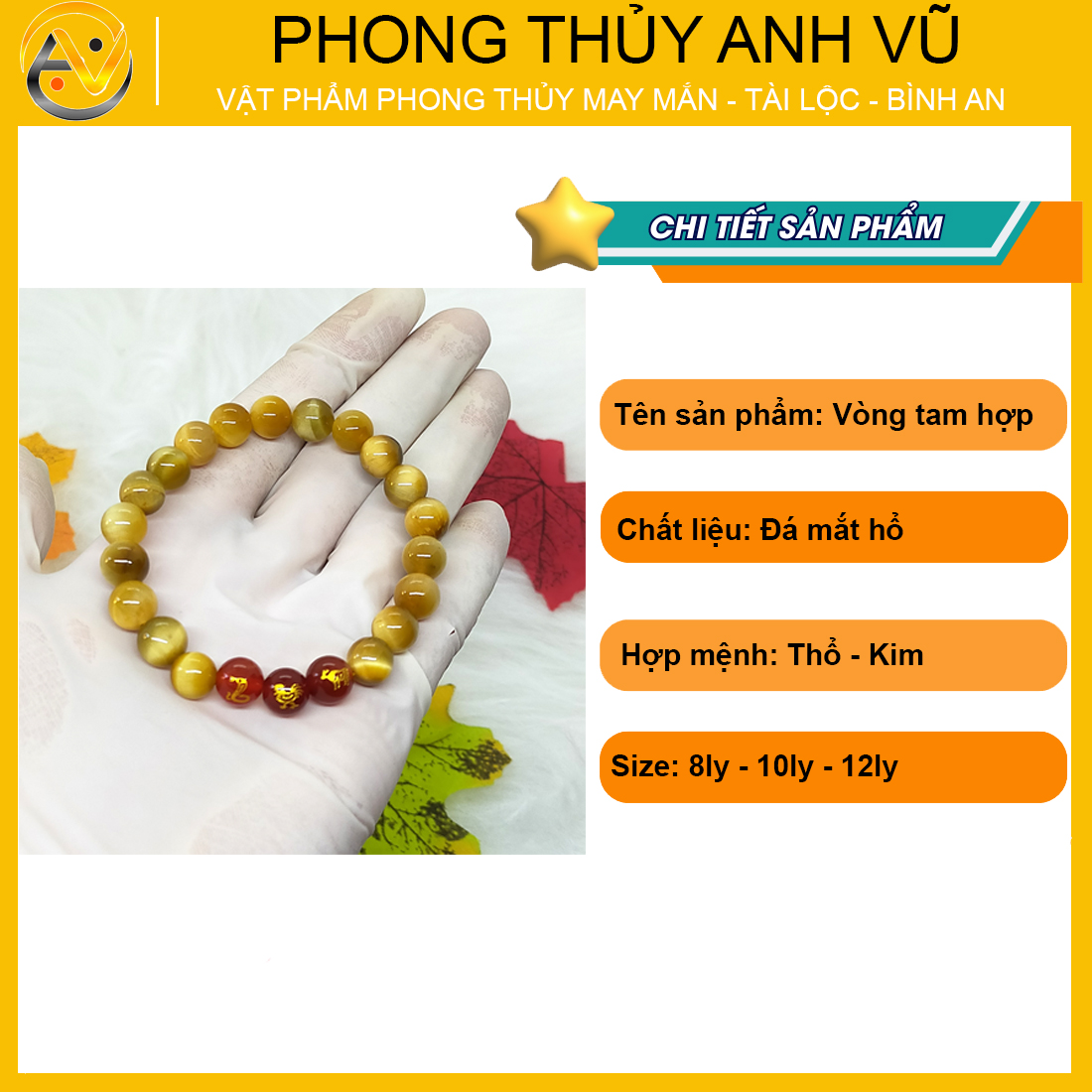 Vòng tam hợp tỵ dậu sửu đã khai quang - chất liệu đá mắt hổ vàng nâu - size 8 10 12ly - may mắn tài lộc - Vòng Tam Hợp Anh Vũ