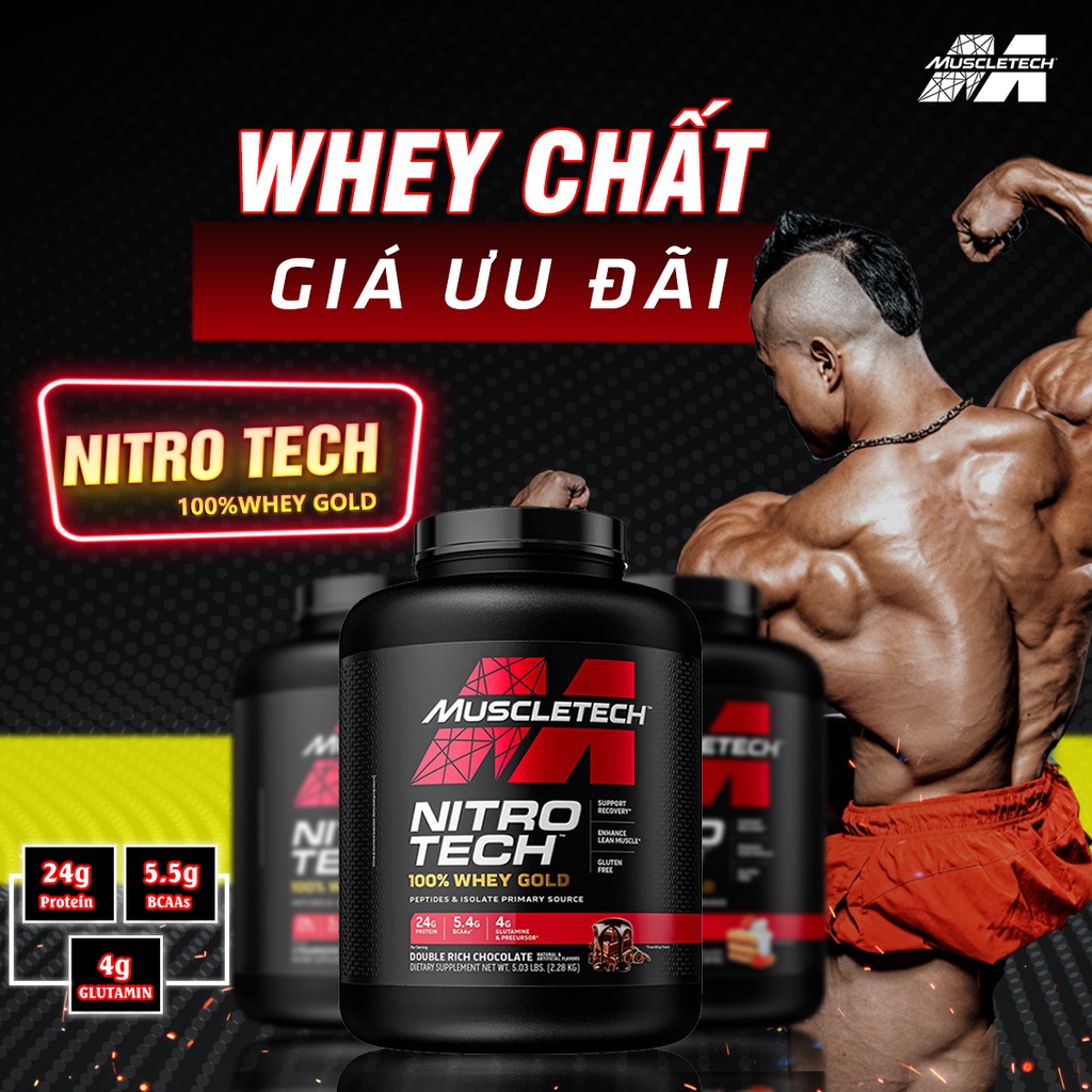 Sữa tăng cơ NITRO TECH 100% WHEY GOLD Hộp 5lbs (2.3kg) Hỗ Trợ Tăng Cơ, phục hồi, phát triển cơ bắp - KÈM QUÀ TẶNG - Hàng Chính Hãng USA