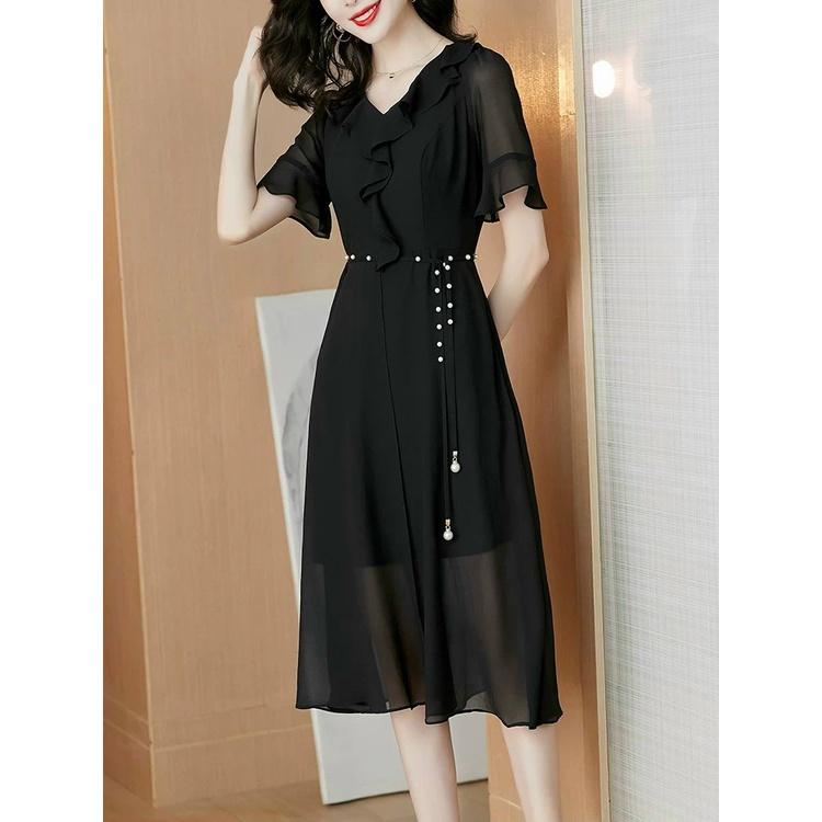 Đầm voan nữ trung niên cách điệu dự tiệc công sở dạo phố đỏ đen đơn giản
