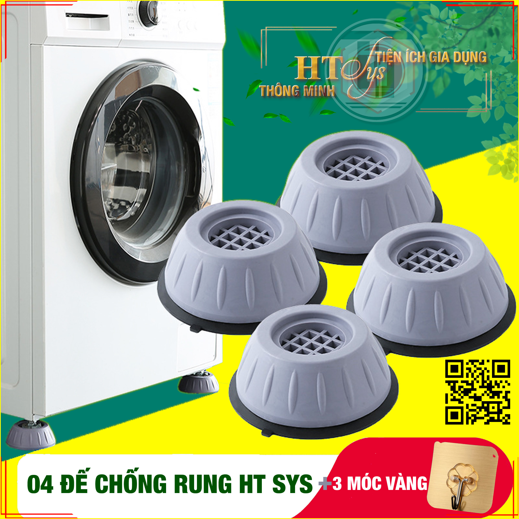 Bộ 04 chân đế cao su chống rung máy giặt - HT SYS - Đế chống rung máy giặt - Đế chống ồn máy giặt, máy sấy,tủ lạnh, bàn ghế + 01 Sét 3 móc dính dán tường vàng tài lộc HT SYS