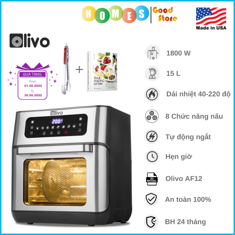 Nồi Chiên Không Dầu OLIVO AF12 Thương Hiệu Mỹ Gồm 8 Chức Năng Chiên Nấu, Dung Tích 12 Lít Công Suất 1800 W - Hàng Chính Hãng