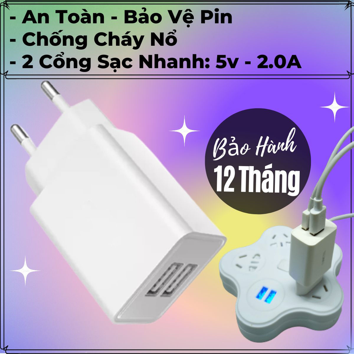 Củ Sạc Nhanh 2 Cổng USB - Công Suất 10W (5V-2A) - An Toàn, Bảo Vệ Pin - Chống Cháy Nổ