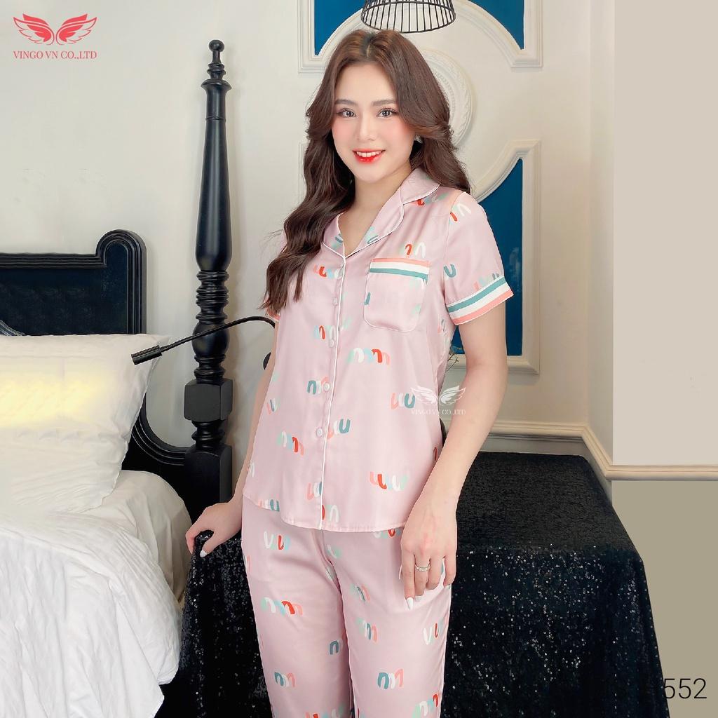 Đồ bộ nữ mặc nhà Pijama VINGO tay ngắn quần dài mùa Hè chất lụa Pháp mềm mịn thoáng mát màu hồng nhạt chữ U H552 VNGO