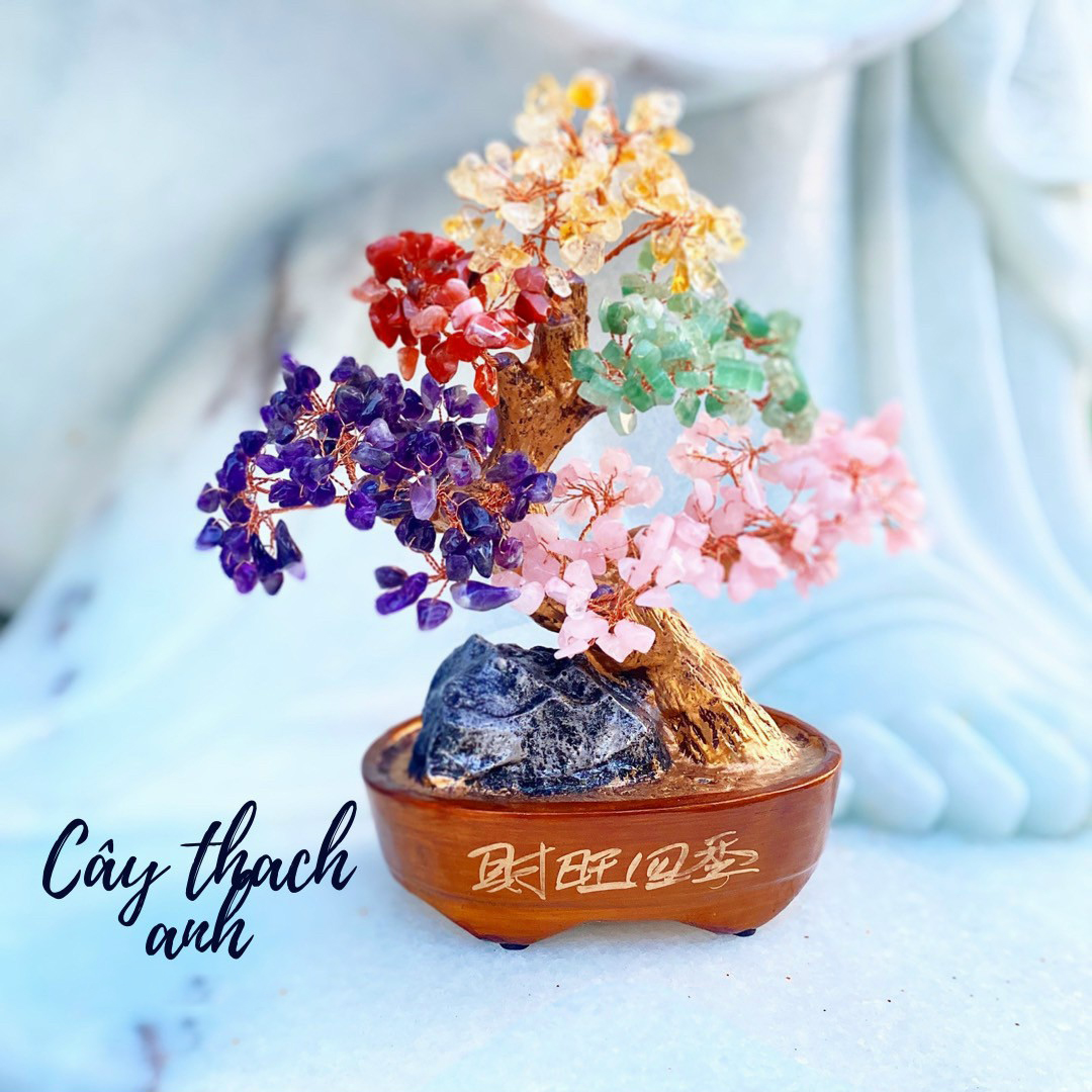 Cây Tài Lộc size 27cm chất đá Thạch Anh đa sắc tự nhiên dáng cây bonsai