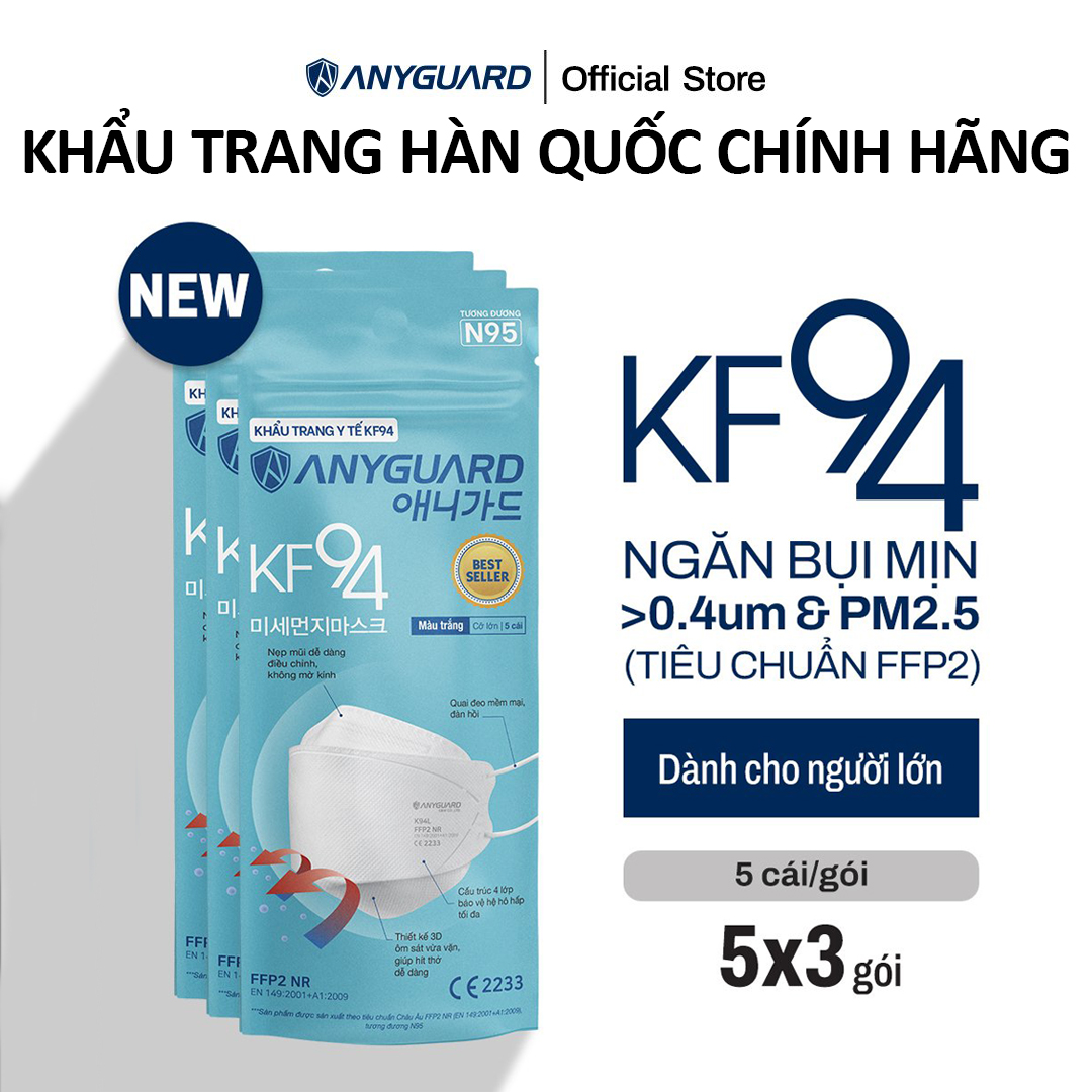 ComBo (15 Chiếc) Khẩu Trang Y Tế Anyguard KF94 Tiêu Chuẩn Châu Âu FFP2 - Lọc 94% Bụi Mịn và PM2.5, Ngăn 99% Vi Khuẩn, An Toàn Cho Da Nhạy Cảm (3 Gói)