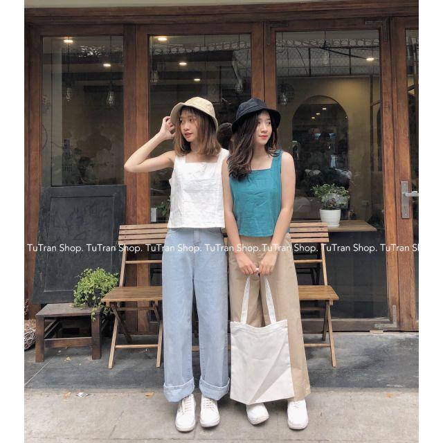 Tanktop linen cổ vuông