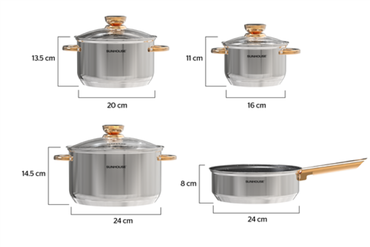 Bộ nồi chảo inox 5 đáy Sunhouse SHG789 - quai chống nóng mạ vàng - Hàng chính hãng