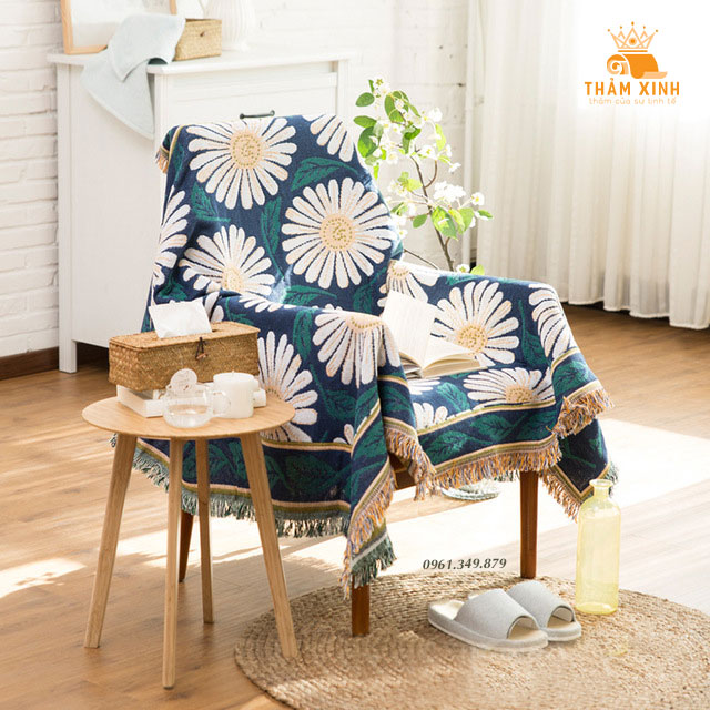 Khăn phủ sofa họa tiết thổ cẩm, Thảm vintage trải sàn phòng khách họa tiết Hoa Cúc