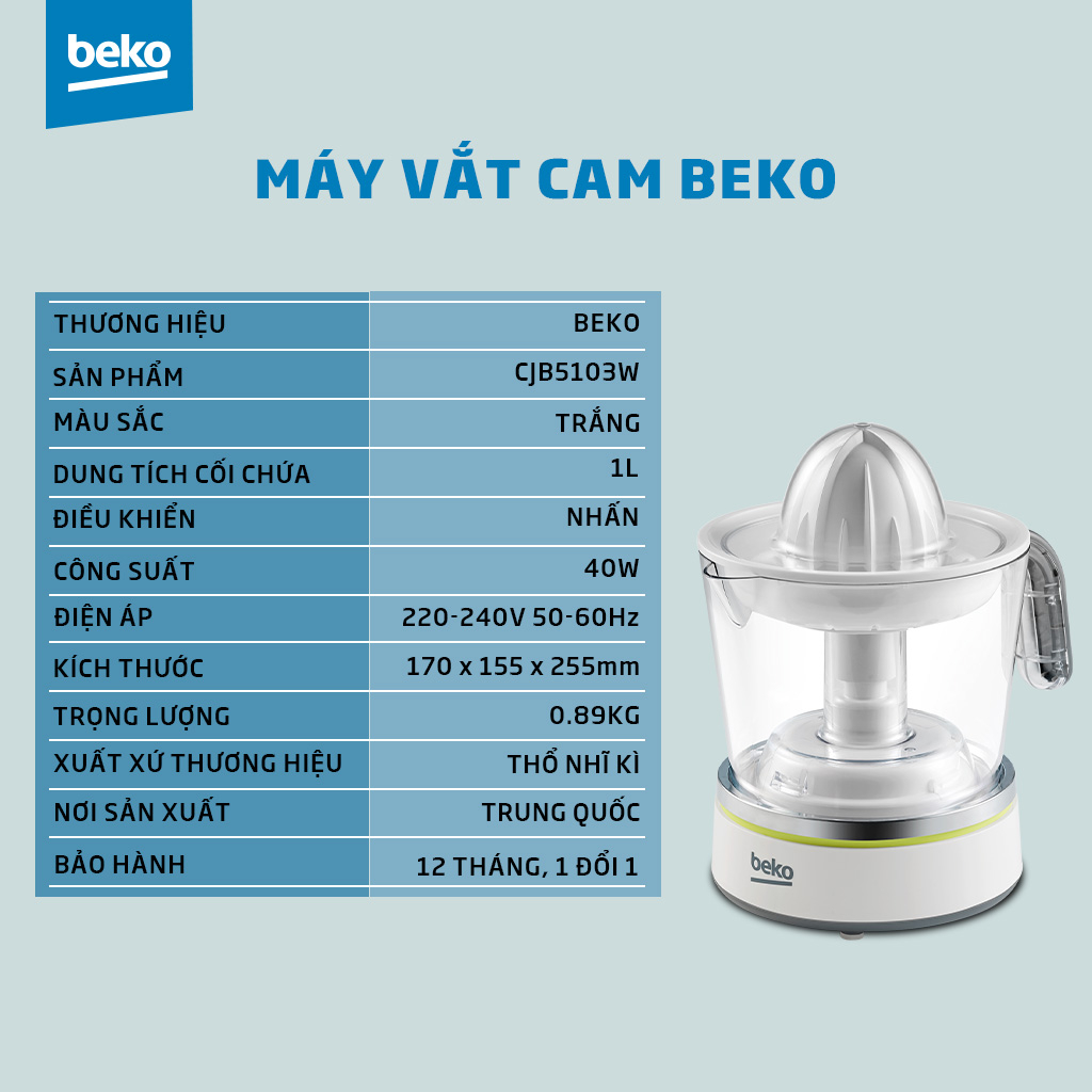 Máy Vắt Cam BEKO 1L Công Suất 40W, Gồm 2 Đầu Vắt Tự Động Đảo Chiều Không Gây Đắng Khi Dùng - CJB5103W - Hàng Chính Hãng