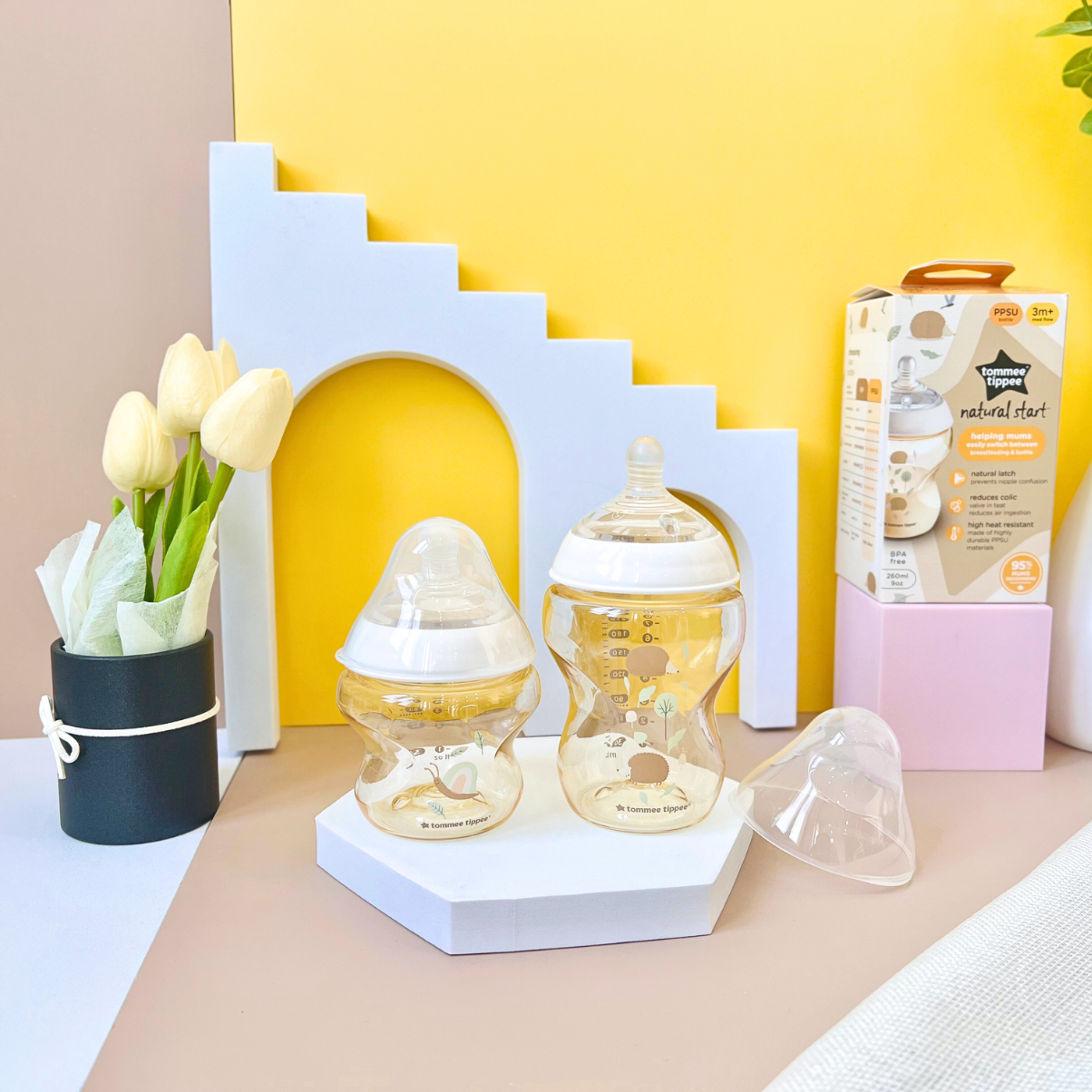 Bình Sữa PPSU Ty Siêu Mềm Tự Nhiên Tommee Tippee 260ml, Núm Ty Của Bình 3-6 Tháng, Họa Tiết