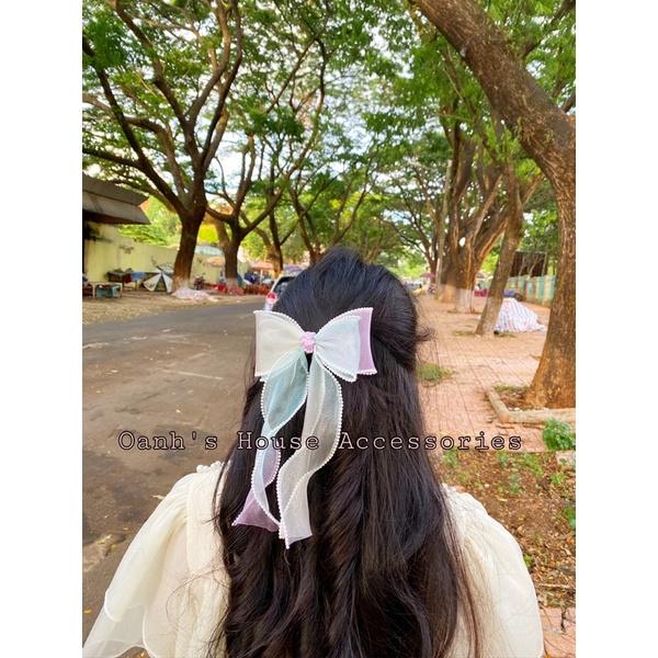 Kẹp nơ cuốn biên viền ngọc tiểu thư xinh xắn