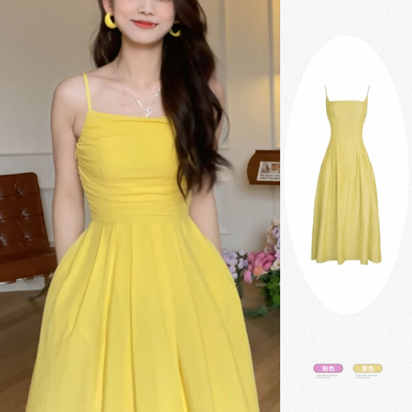 TOBE1SHOP Tea Break French Sling Dress 2023 Mùa hè bờ biển nghỉ mát thắt lưng có vẻ gầy màu vàng một chữ đầm dài
