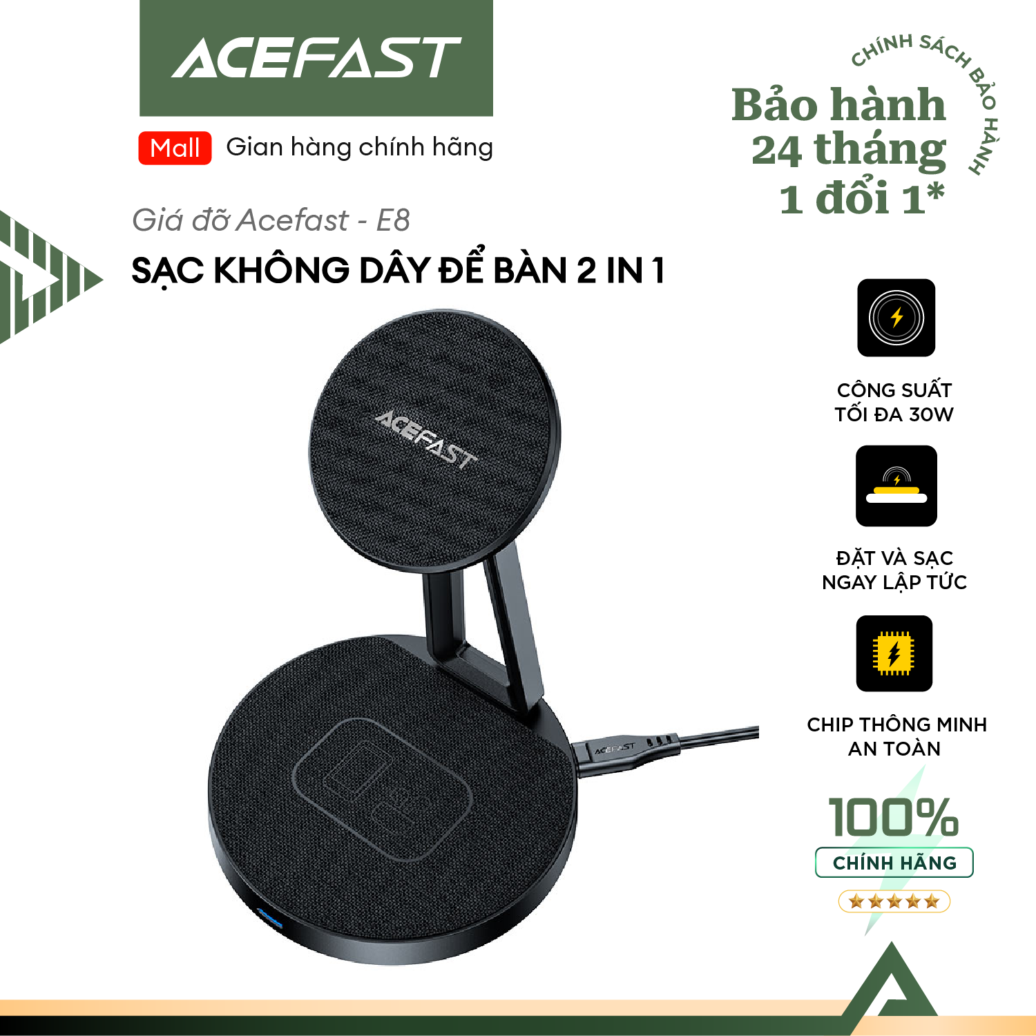 Giá đỡ sạc không dây để bàn 2 in 1 Acefast - E8 Hàng chính hãng Acefast