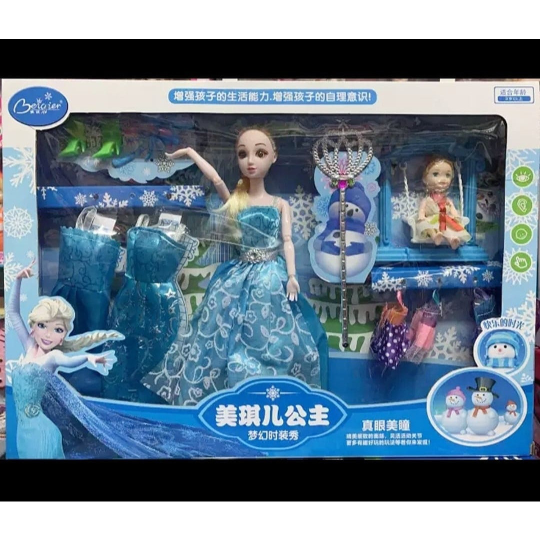 Đồ chơi thay váy Búp bê công chúa Frozen với quyền trượng - Nữ hoàng băng giá Elsa và em bé có thể thay đổi trang phục và phụ kiện kèm theo