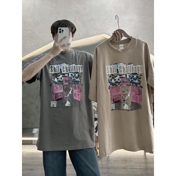 Áo thun cotton áo tay lỡ nam nữ form rộng in shit chan