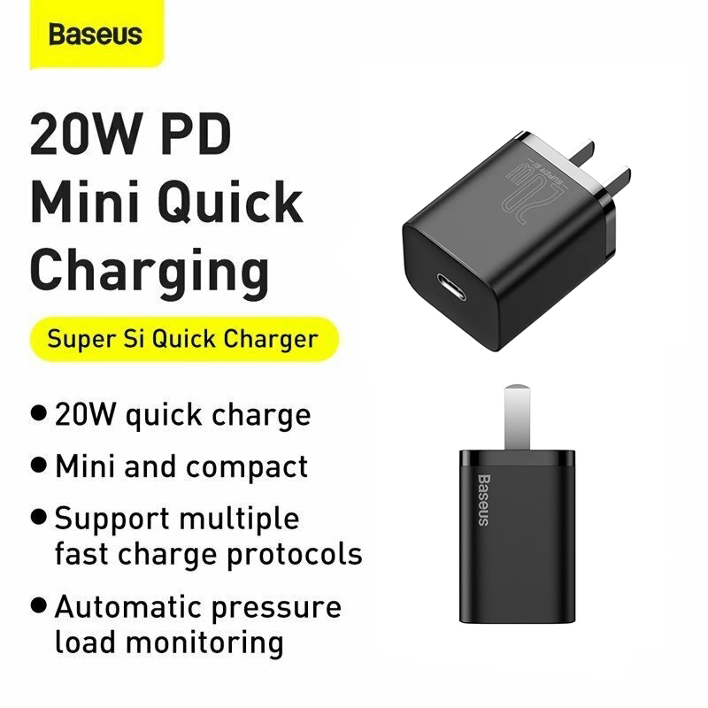 Bộ cốc cáp sạc nhanh Baseus 20W Si cho IP12, Củ sạc nhanh IP12 Baseus 20W Super Si Mini USB C hỗ trợ sạc nhanh QC3.0 PD - Hàng chính hãng