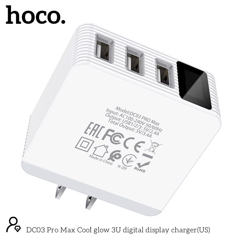 Cốc Sạc Chính Hãng 3 Cổng Hoco DC03 Pro Max 3.4A Mẫu Mới Có Màn Hình LED Hiển Thị Nguồn Điện - Hàng Nhập Khẩu