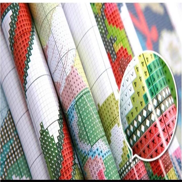 Tranh thêu gia đình hoa mẫu đơn nền xanh 88810 - kích thước: 67 * 36cm.