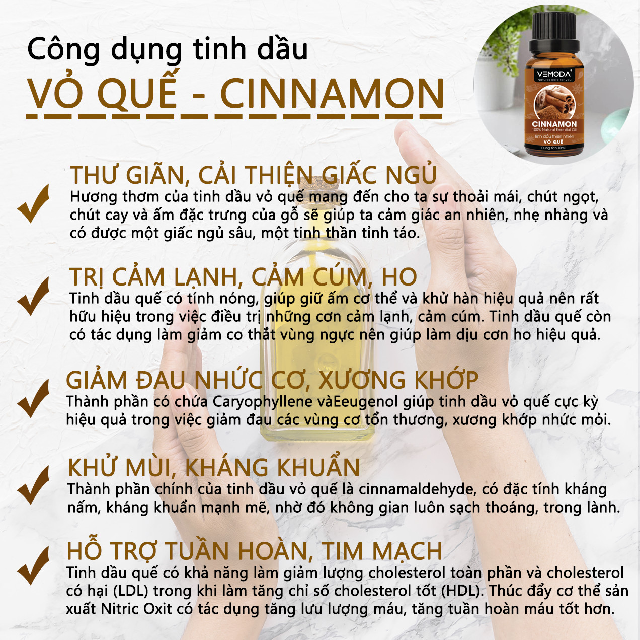 Tinh dầu Xông phòng cao cấp Vemoda gồm Combo 3 lọ tinh dầu: tinh dầu Sả chanh (10ml) + tinh dầu Vỏ quế (10ml) + tinh dầu Cam tươi (10ml) Vemoda