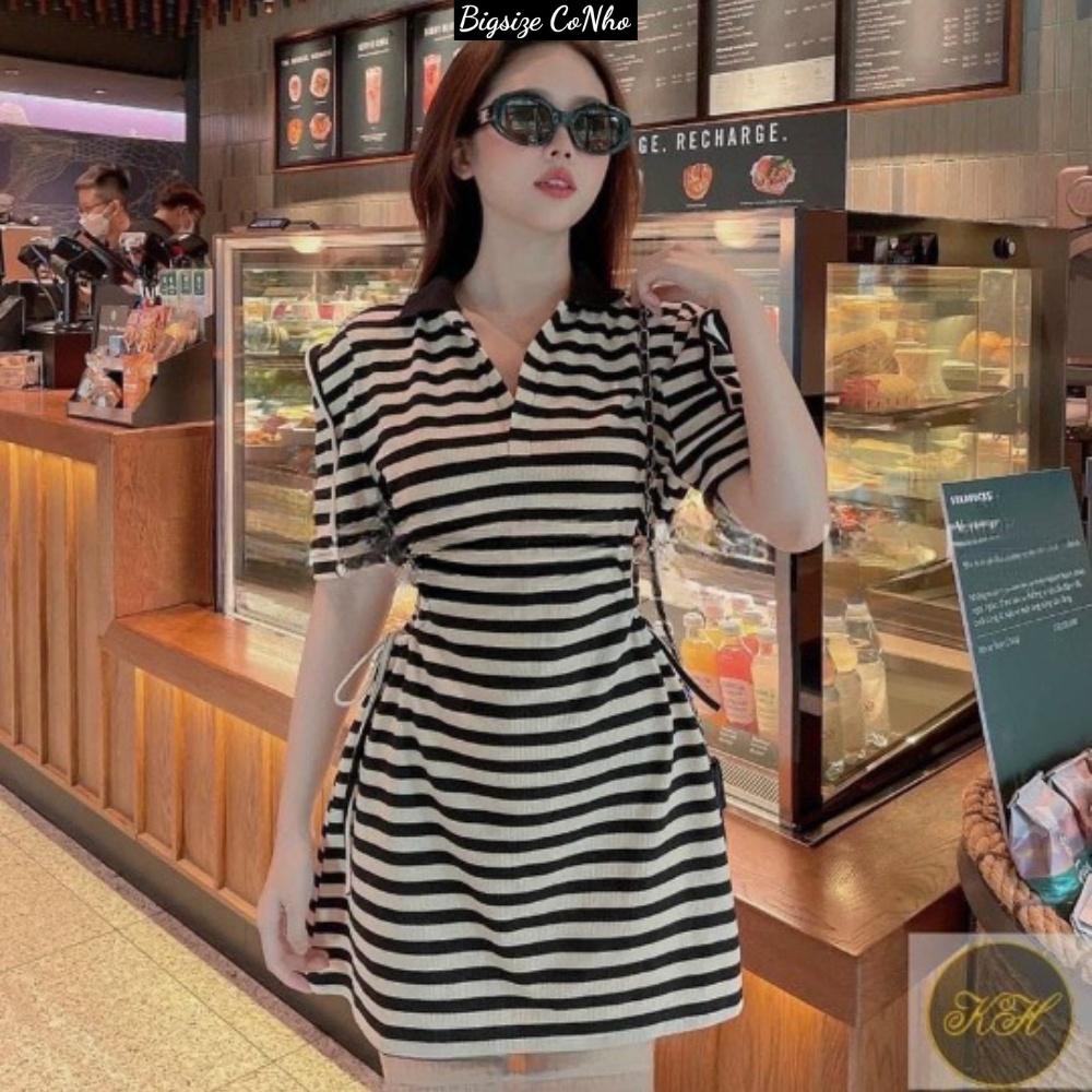 Đầm bigsize nữ xẻ sọc đũa thun gân tăm cổ bẻ tay ngắn ôm body rút dây hai bên eo từ 60-95kg G75 - Màu Trắng