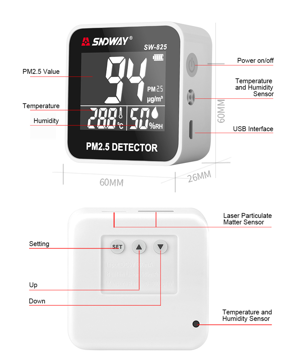 Máy Đo Chất Lượng Không Khí PM2.5, Nhiệt Độ, Độ Ẩm SNDWAY SW-825 - Hàng Chính Hãng