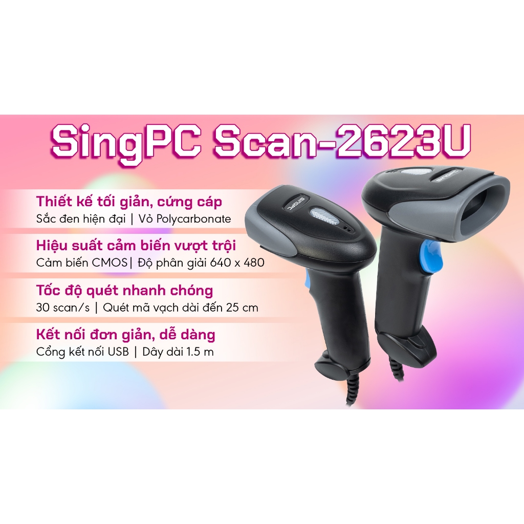 Máy quét mã vạch 2D SingPC Scan - 2623U có dây - Hàng chính hãng