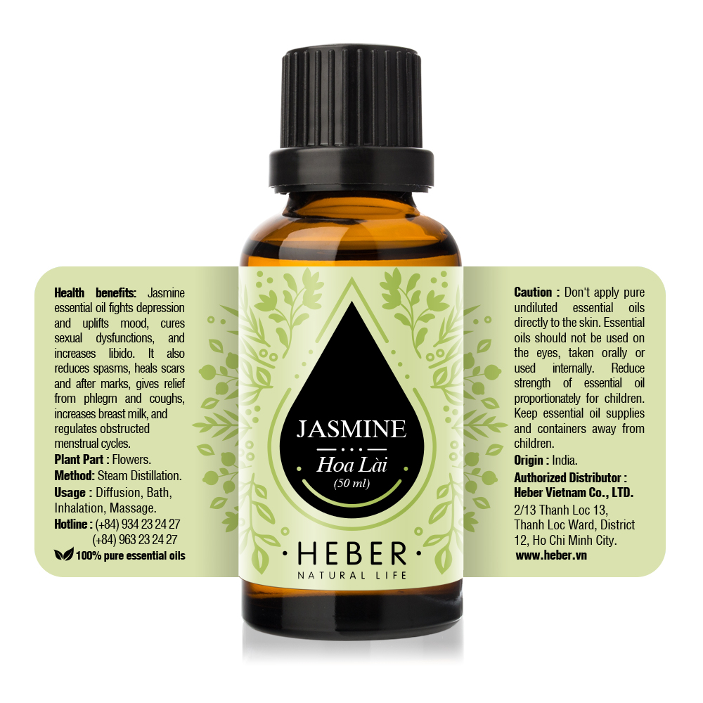 Tinh Dầu Hoa Lài Jasmine Essential Oil Heber | 100% Thiên Nhiên Nguyên Chất Cao Cấp | Nhập Khẩu Từ Ấn Độ | Kiểm Nghiệm Quatest 3 | Xông Thơm Phòng | Hương Dịu Nhẹ